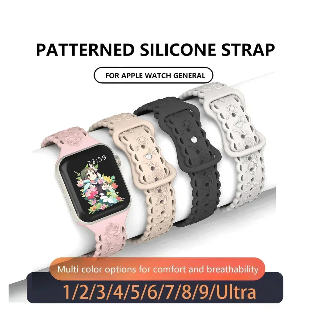 Engraved Floral Silicone Apple Watch Band – 20 Colors Watch Band Qme