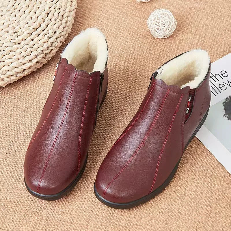 Women's Winter Plush-Lined Slip-On Ankle Boots | Soft PU Leather Women's Ankle Boots Qst Wine red 39