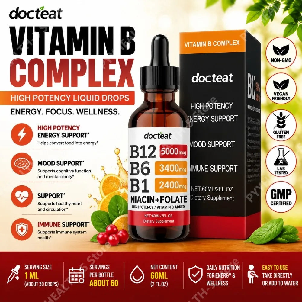 Docteat Vitamin B Complex Liquid Drops B12 B6 B1 – 60ml Vitamin B Supplement Qst