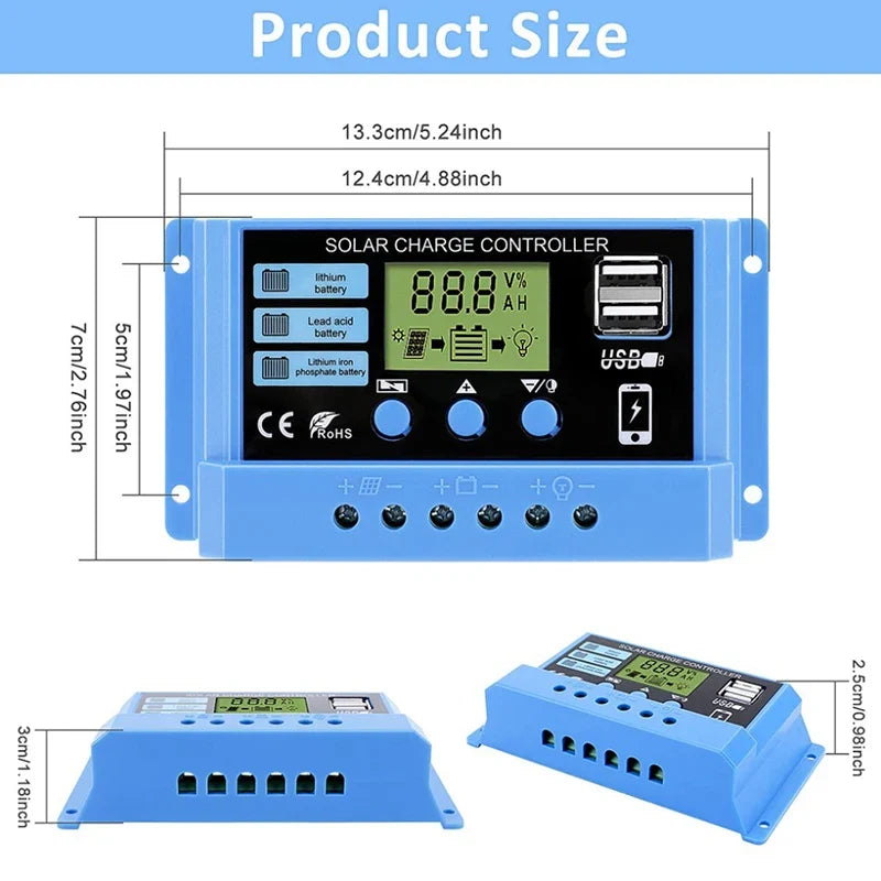 Solar Charge Controller 10A 20A 30A 12V 24V Auto LCD Display Solar Charge Controller Qme