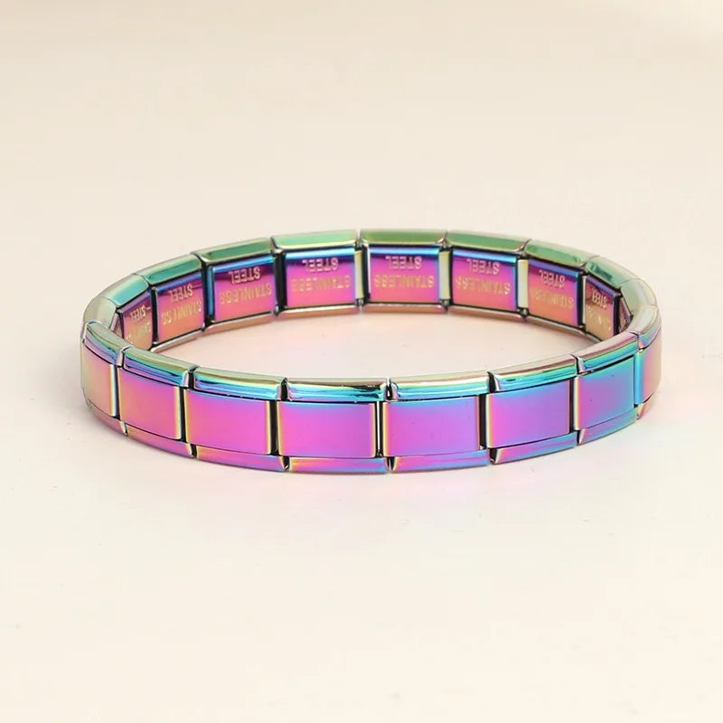 Italian Charm Laser Rose Stainless Steel Elastic Link Bangle Charm Link Bangle Qme