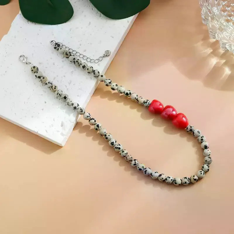 Red Heart Beaded Stone Layering Necklace for Women Beaded Layering Necklace Qme