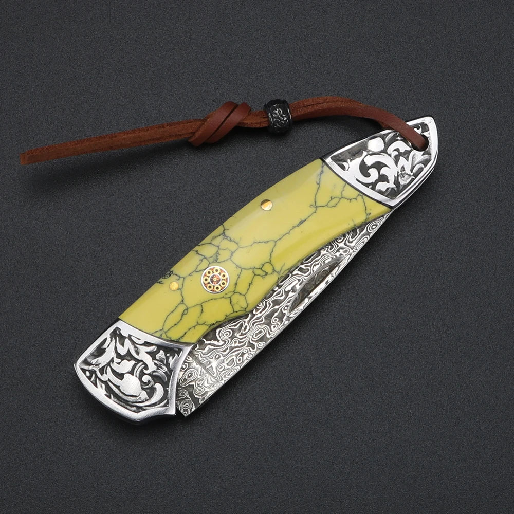 XUANFENG Damascus Folding Pocket Knife – Yellow Handle Folding Pocket Knife Qst