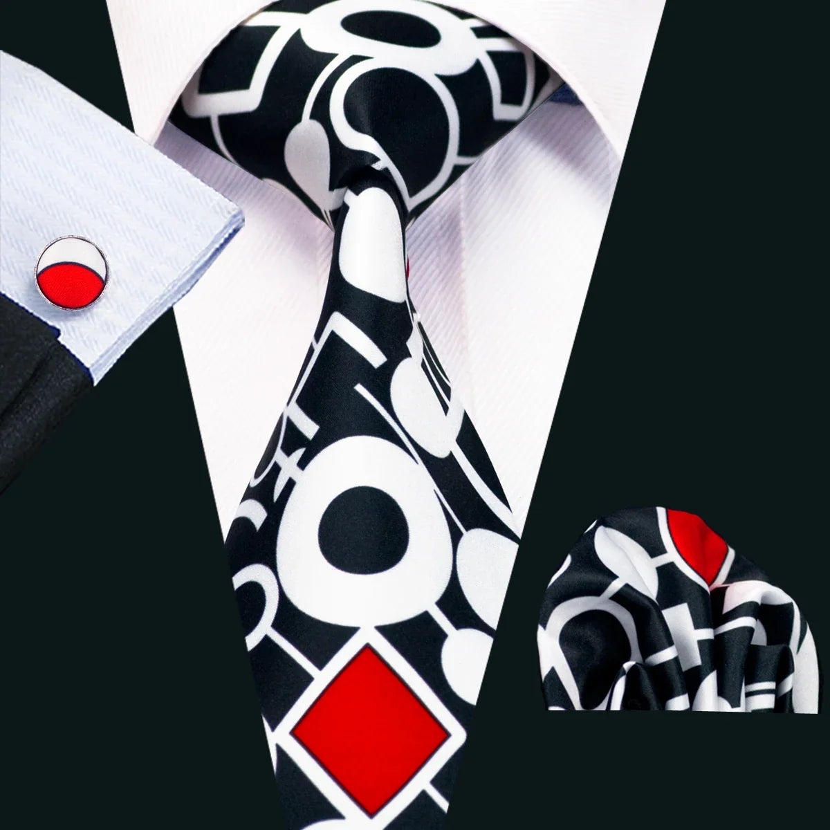 Barry Wang Black Geometric Silk Necktie & Handkerchief Set Necktie & Handkerchief Set Qme 1209