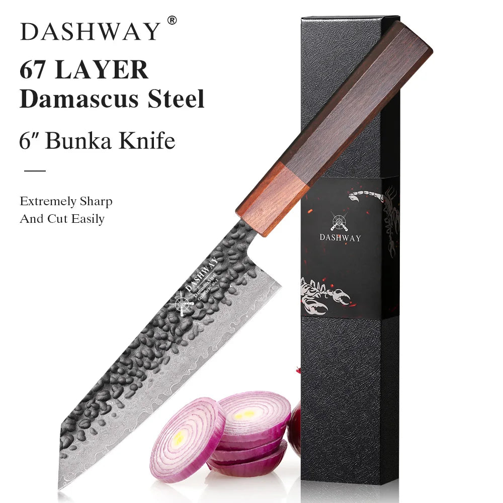 DASHWAY 6" Damascus Bunka Kiritsuke Chef Knife – Rosewood Damascus Chef Knife Qst