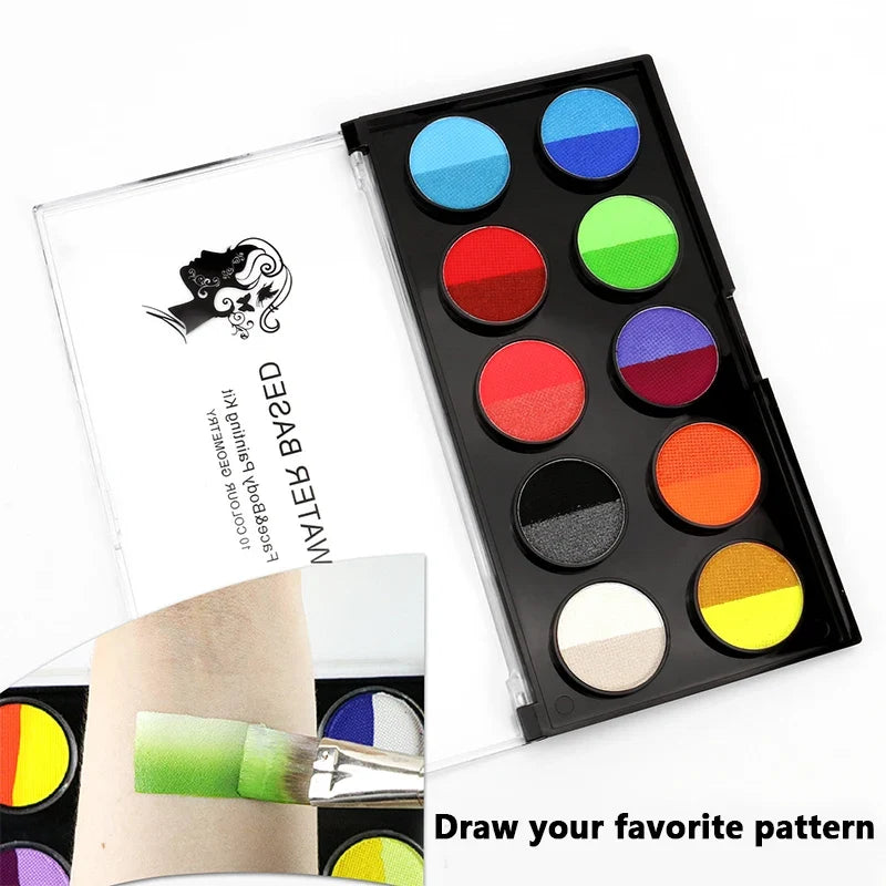 10-Grid Water-Soluble Face & Body Paint Crayons Set + Brush Face & Body Paint Set Qme