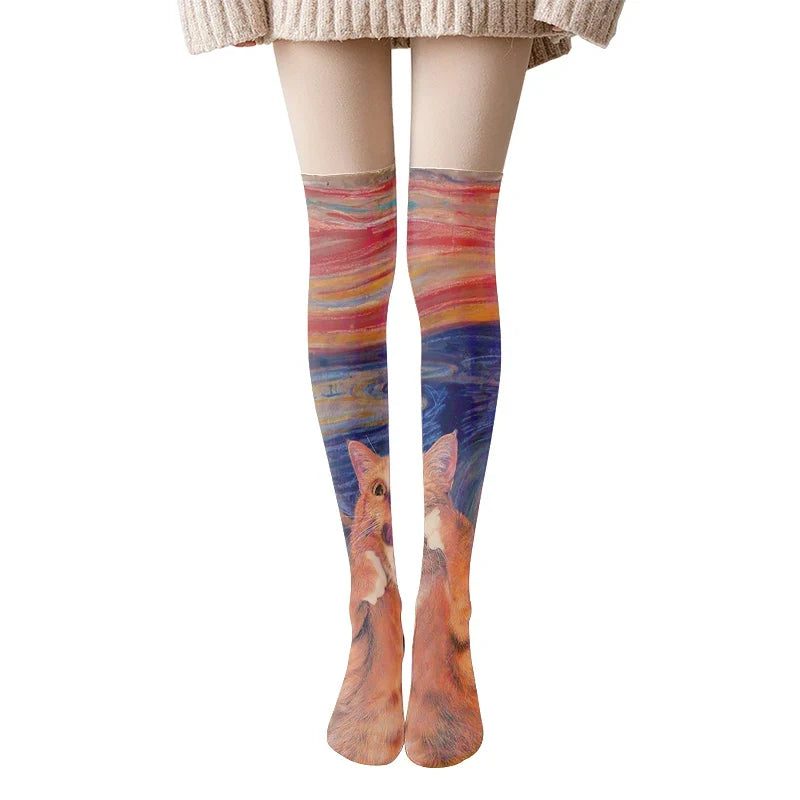Van Gogh Art Print Thigh High Stockings – Starry Sky & Sunflower Thigh High Stockings Qme style9 One Size
