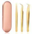 Precision Lash Tweezers Set – 3 Stainless Steel Eyelash Tools Lash Extension Tweezers Qme Golden 3 pcs