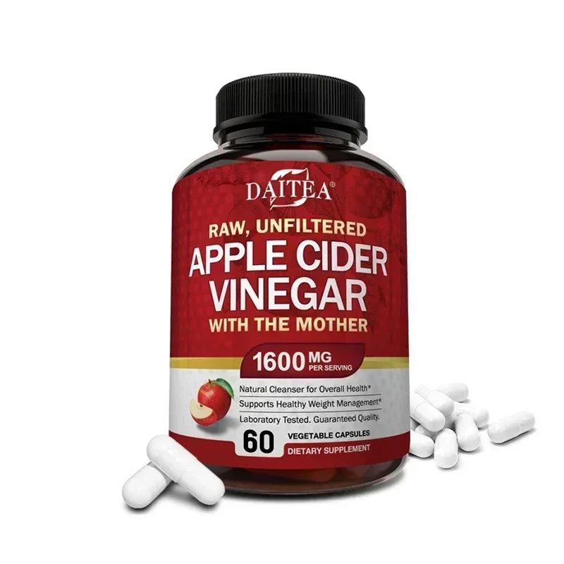 DAITEA Apple Cider Vinegar 1600mg Capsules with The Mother ACV Dietary Supplement Qst 60 count-1 bottle