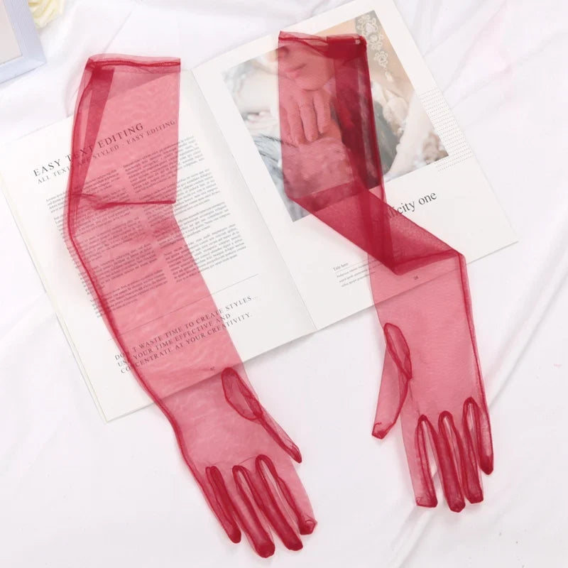 Women's Sheer Lace Mesh Gloves – Ultra Thin Elastic, 55cm Lace Mesh Gloves Qme Burgundy 55cm