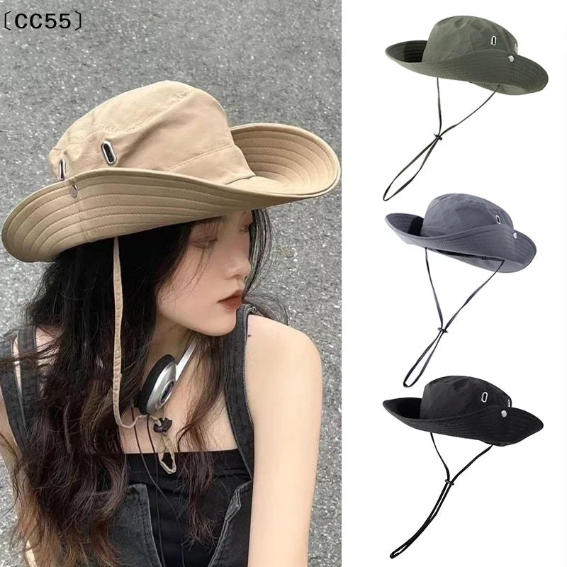 Wide Brim Sun Protection Bucket Hat with Drawstring Bucket Hat Qst