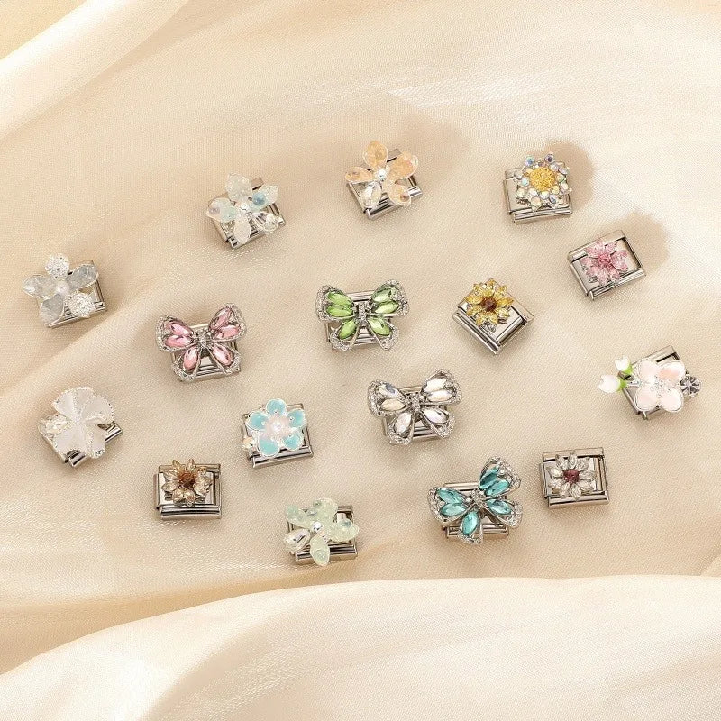 Zircon Bowknot Flower Italian Charm Links | Stainless Steel DIY Italian Charm Links Qme