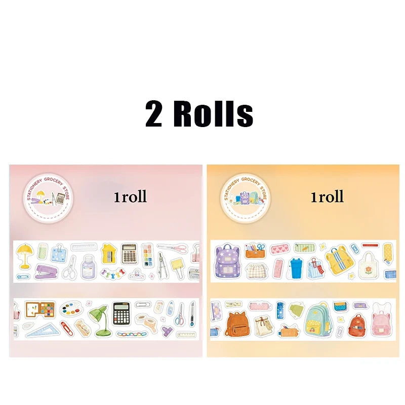 Watercolor Cartoon Washi Tape – Multi-Pattern Campus Stationery Decorative Washi Tape Qme 2 rolls-B