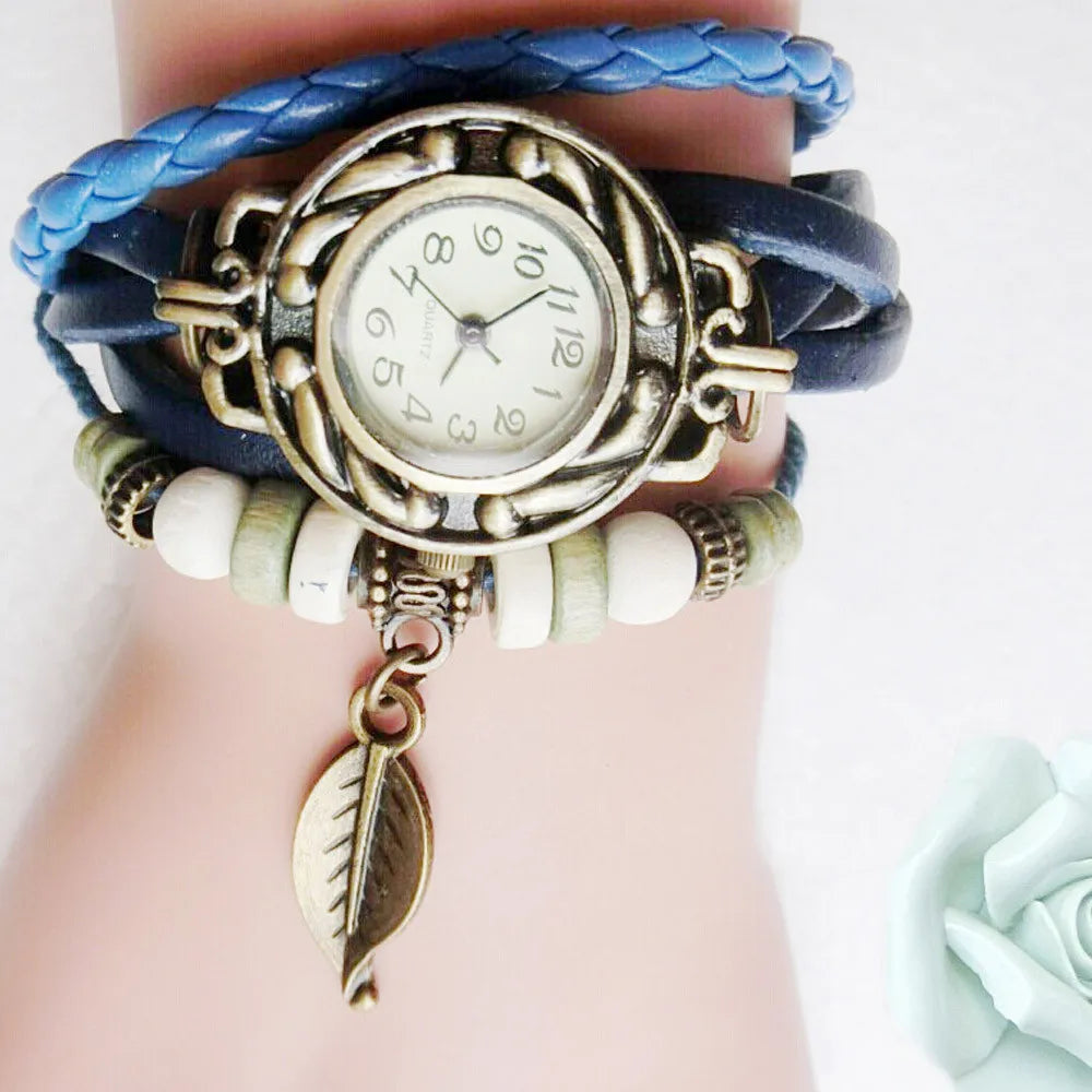 Women's Vintage Leather Wrap Bracelet Watch | Leaf Pendant Leather Bracelet Watch Qme