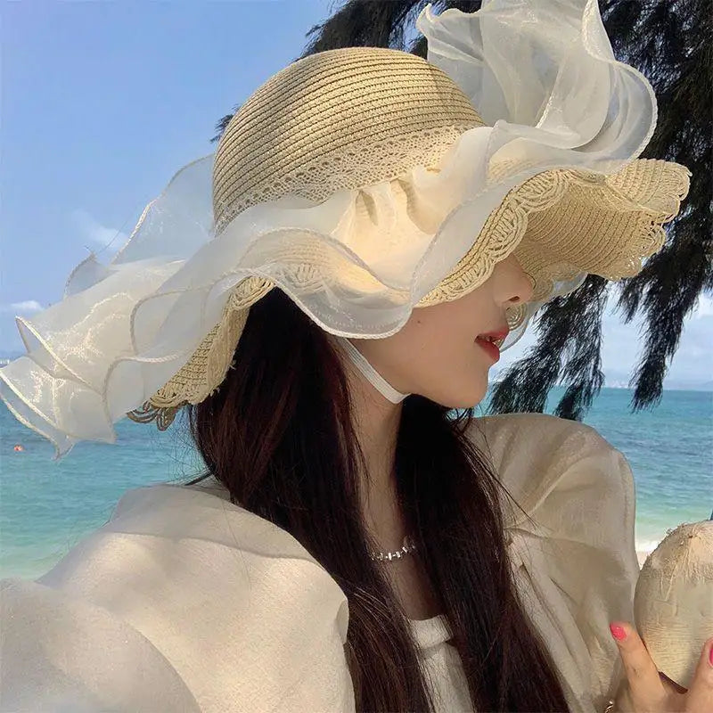 Women's Wide Brim Straw Sun Hat – French Lace Bow Beach Hat Wide Brim Sun Hat Qst E one size