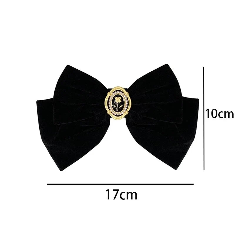 Black Velvet Bow Hairpin with Fabric Roses | Girls & Women Velvet Bow Hair Clip Qme