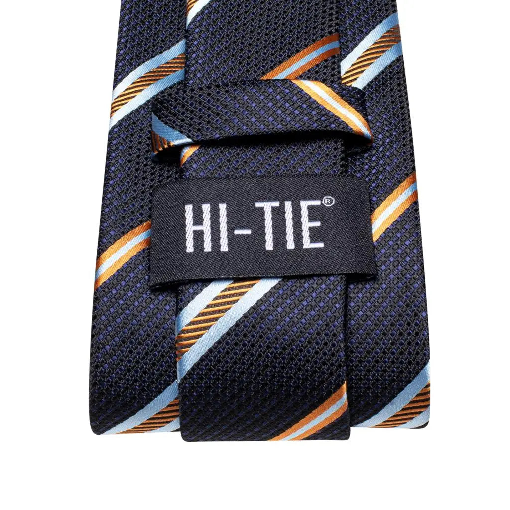 Hi-Tie Men's Striped Navy Blue Silk Necktie & Cufflinks Set Silk Necktie Gift Set Qme