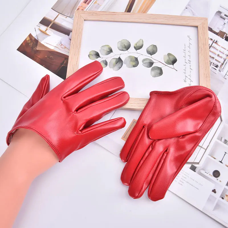 Women's Half Palm PU Leather Gloves – Dance & Party Fashion Dance Gloves Qst Red