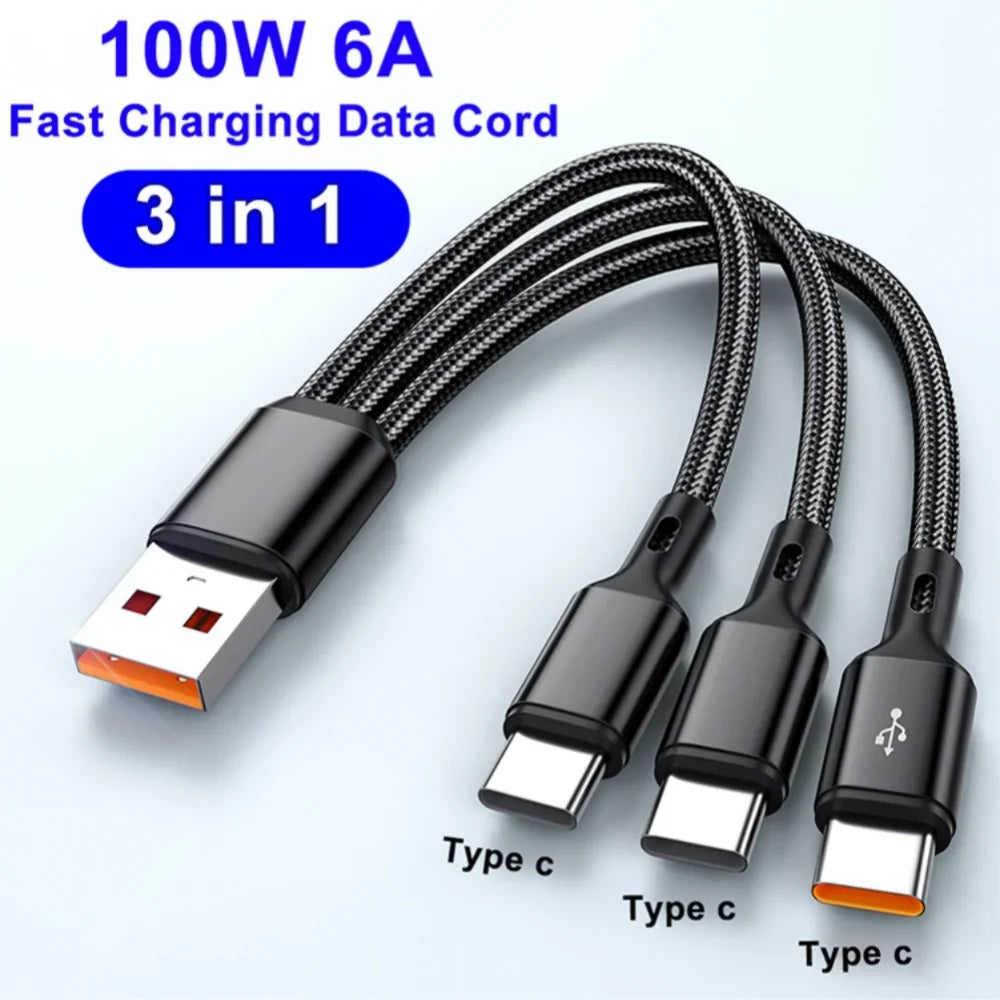 100W USB-C Fast Charging Cable 6A Nylon Braided Multi-Port USB-C Charging Cable Qme