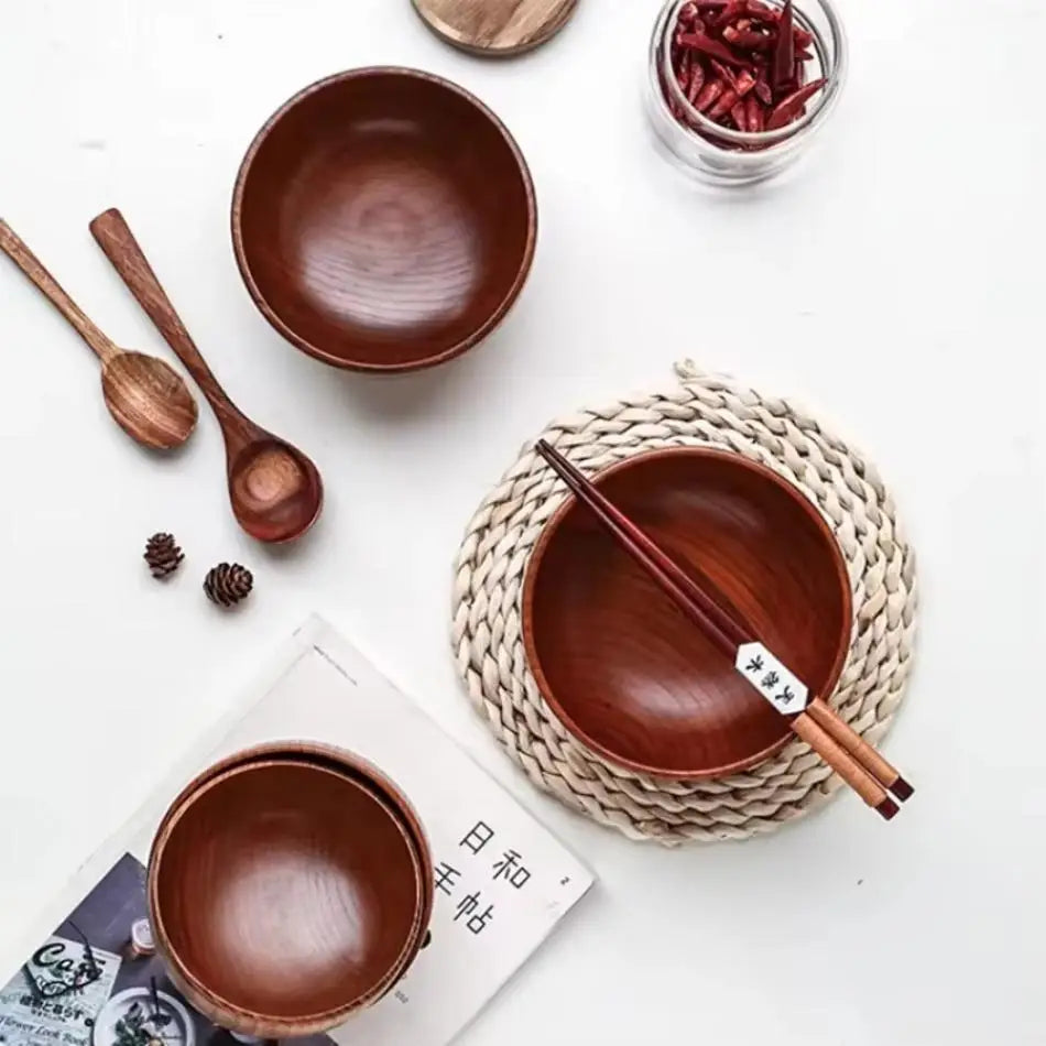 Japanese Jujube Wooden Bowl – Round Soup & Rice Bowl for Kids Wooden Serving Bowl Qme
