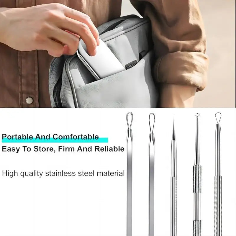 5-Piece Stainless Steel Blackhead Extractor & Blemish Tool Kit Blackhead Extractor Kit Qst