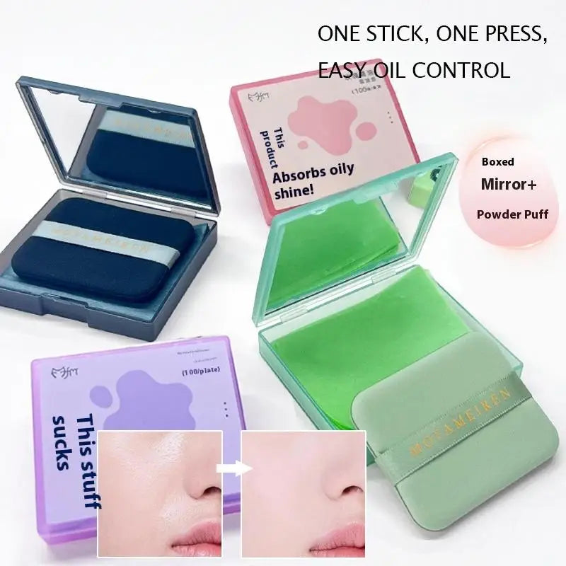 100-Sheet Oil-Absorbing Papers with Mirror Case & Puff Facial Blotting Papers Qme