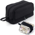 Large 4-Compartment Pencil Pouch Bag with Zipper & Handle Pencil Pouch Qme Black
