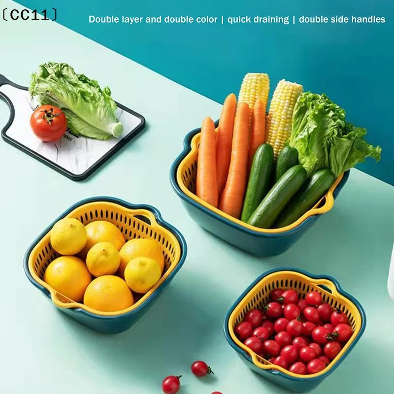 Double-Layer Fruit & Vegetable Drain Basket | Green & Yellow Produce Drain Basket Qme