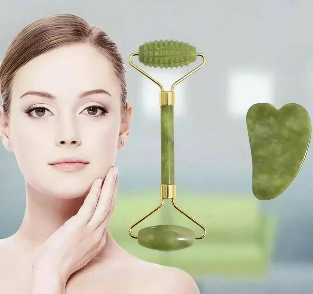 Natural Jade Roller & Gua Sha Stone Face Body Massager Jade Massage Tool Qme