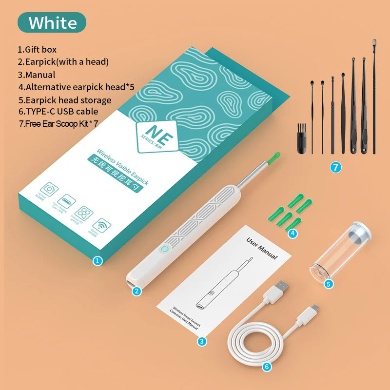 Wireless Visual Ear Cleaner – 1080P HD Camera WiFi Earpick Visual Ear Cleaner Qst White