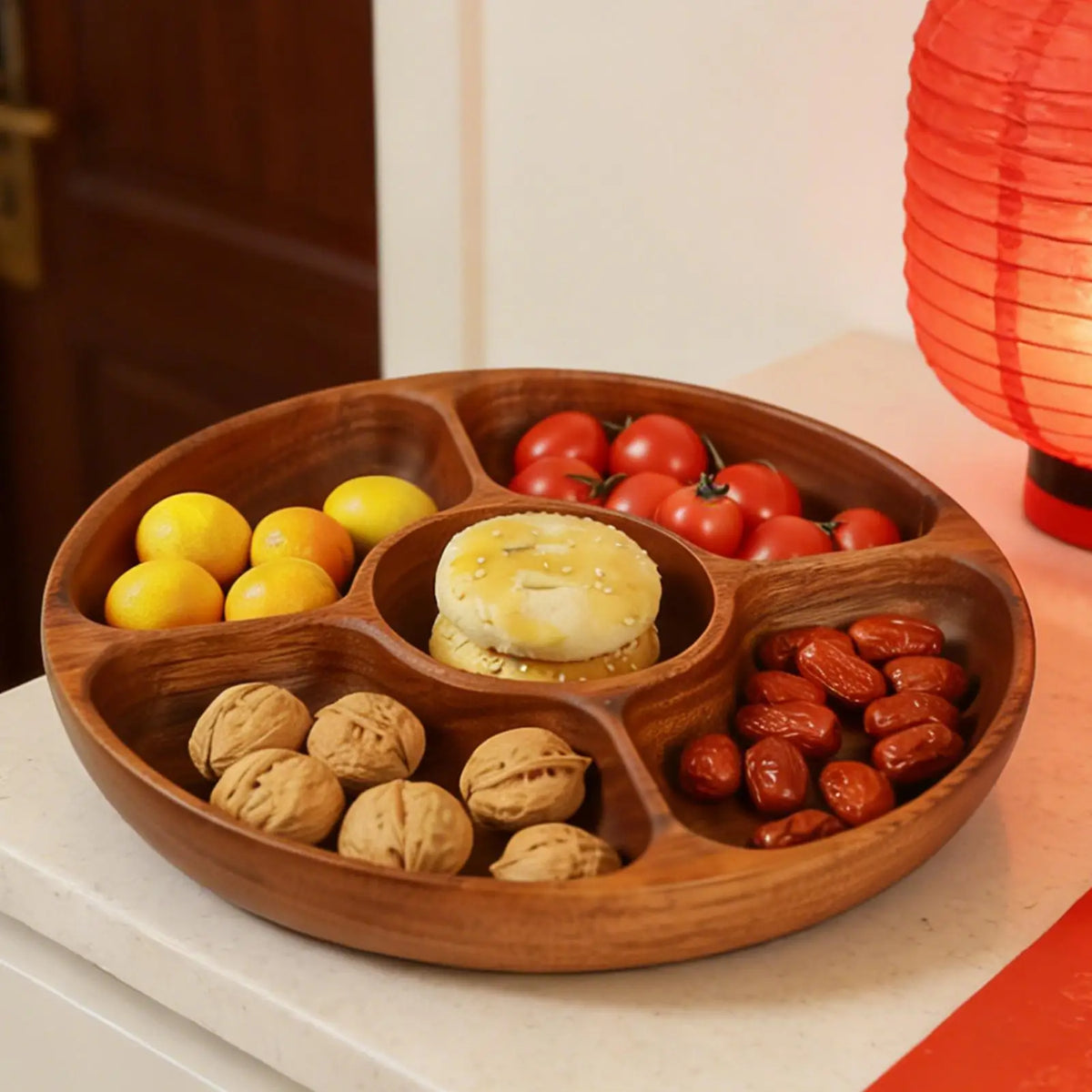 Round 5-Compartment Wooden Serving Platter Tray for Parties Serving Platter Tray Qme