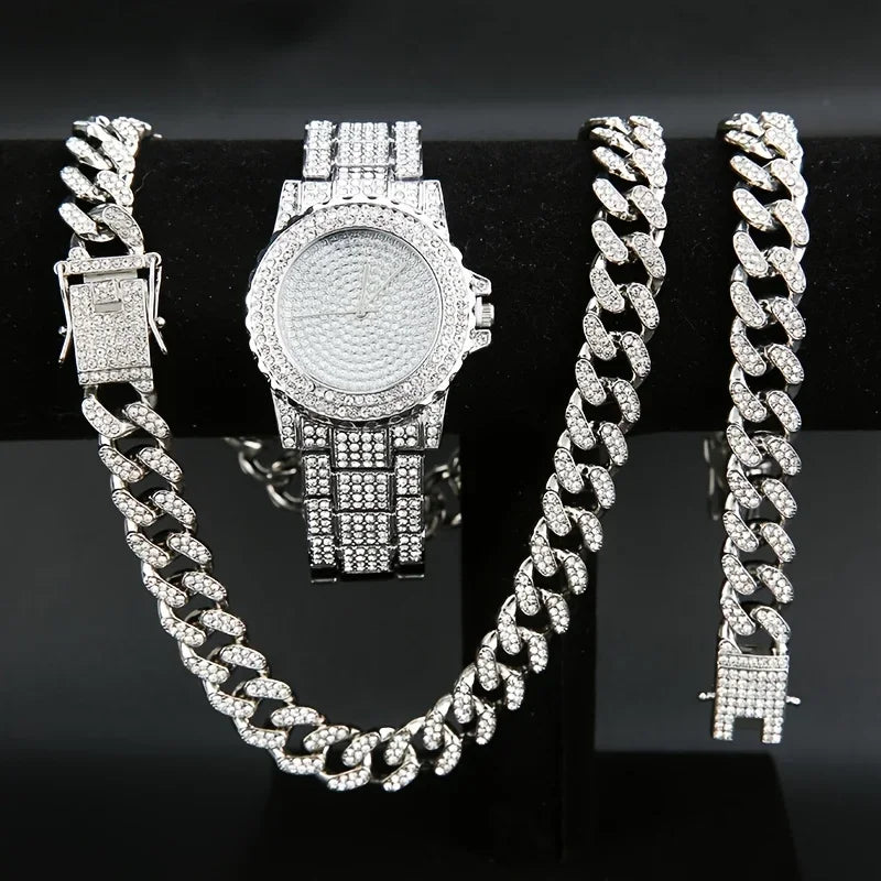 Men's Rhinestone Watch Necklace Bracelet Set – 3-Piece Gift Jewelry Watch Set Qme