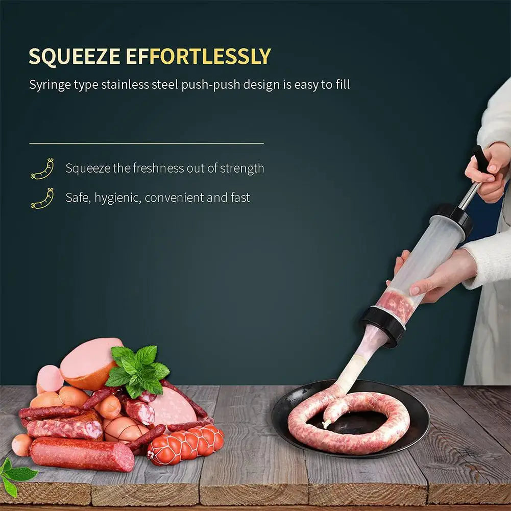 Manual Sausage Maker with 3 Stuffing Nozzles | Handheld Filler Sausage Stuffer Tool Qme