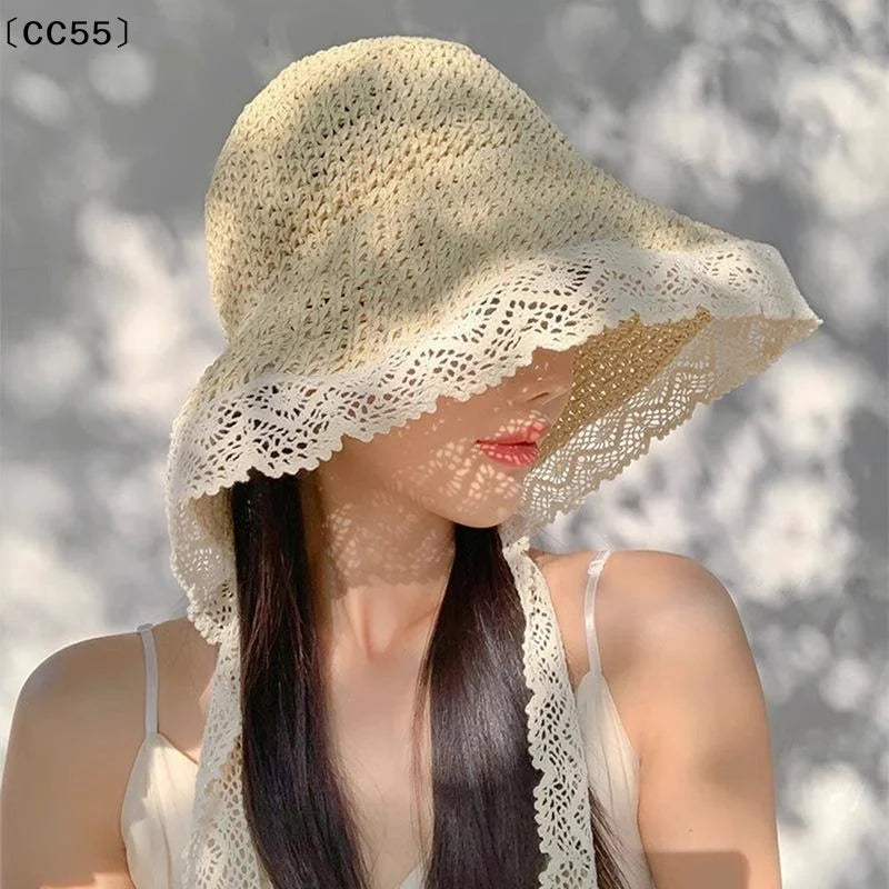 Women's Wide Brim Lace Straw Sun Hat – Foldable Beach UV Hat Straw Sun Hat Qst