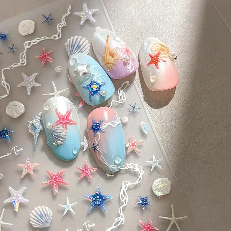 5D Embossed Ocean Nail Stickers – Starfish & Seashell Decals Nail Art Stickers Qst