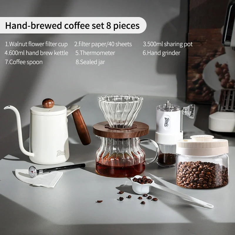 BINCOO Pour Over Coffee Kit – Dripper, Carafe, Kettle & Grinder Pour Over Coffee Set Qst 8 Piiece Set
