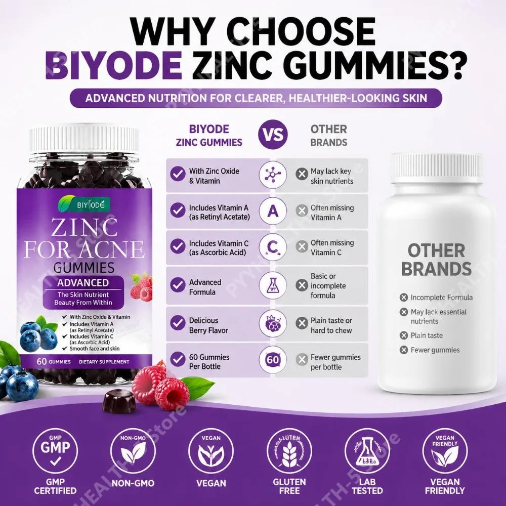 BIYODE Zinc Oxide Gummies with Vitamin A & C – 60 Count Vitamin Gummies Qst