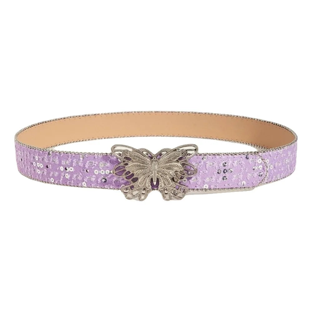 Sequin Butterfly Wide Belt – Y2K Punk Korean Denim Style Wide Fashion Belt Qme Purple