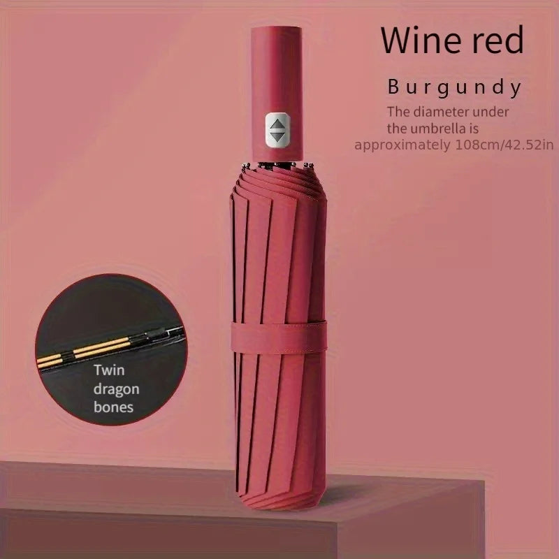 Fully Automatic 24-Bone Folding Umbrella – Sun & Rain Folding Umbrella Qst Wind red 24K Iron