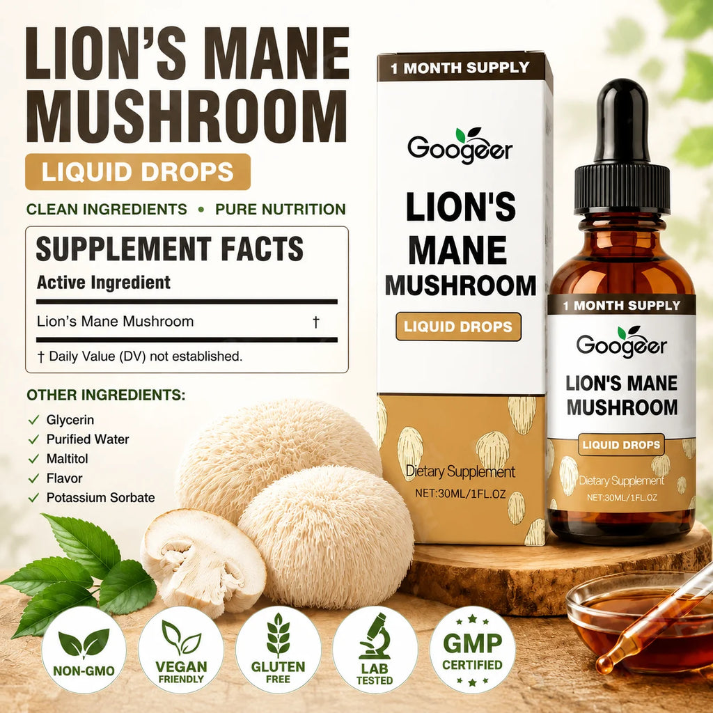 Lion's Mane Mushroom Liquid Drops 30ml – Vegan Non-GMO Extract Herbal Supplement Drops Qst