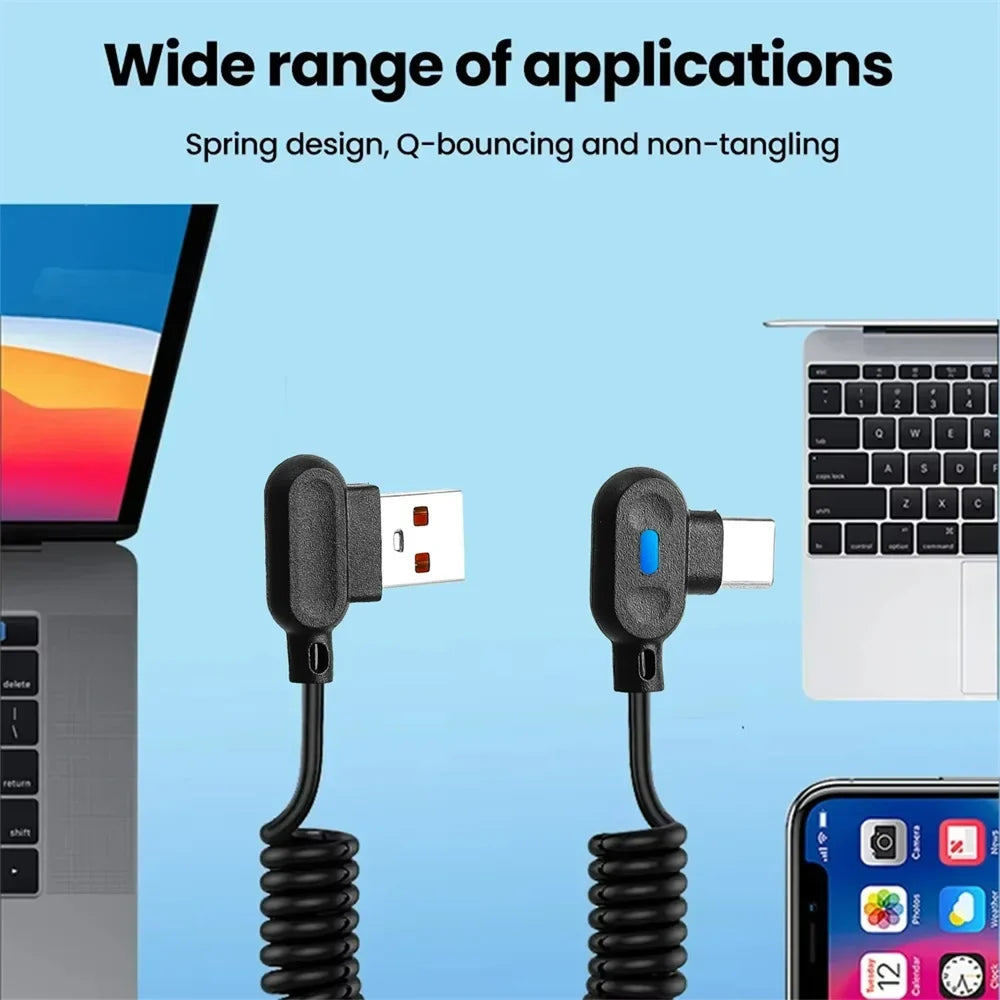 USB-C 90° Elbow Coiled Fast Charging Spring Cable 1m USB-C Charging Cable Qme