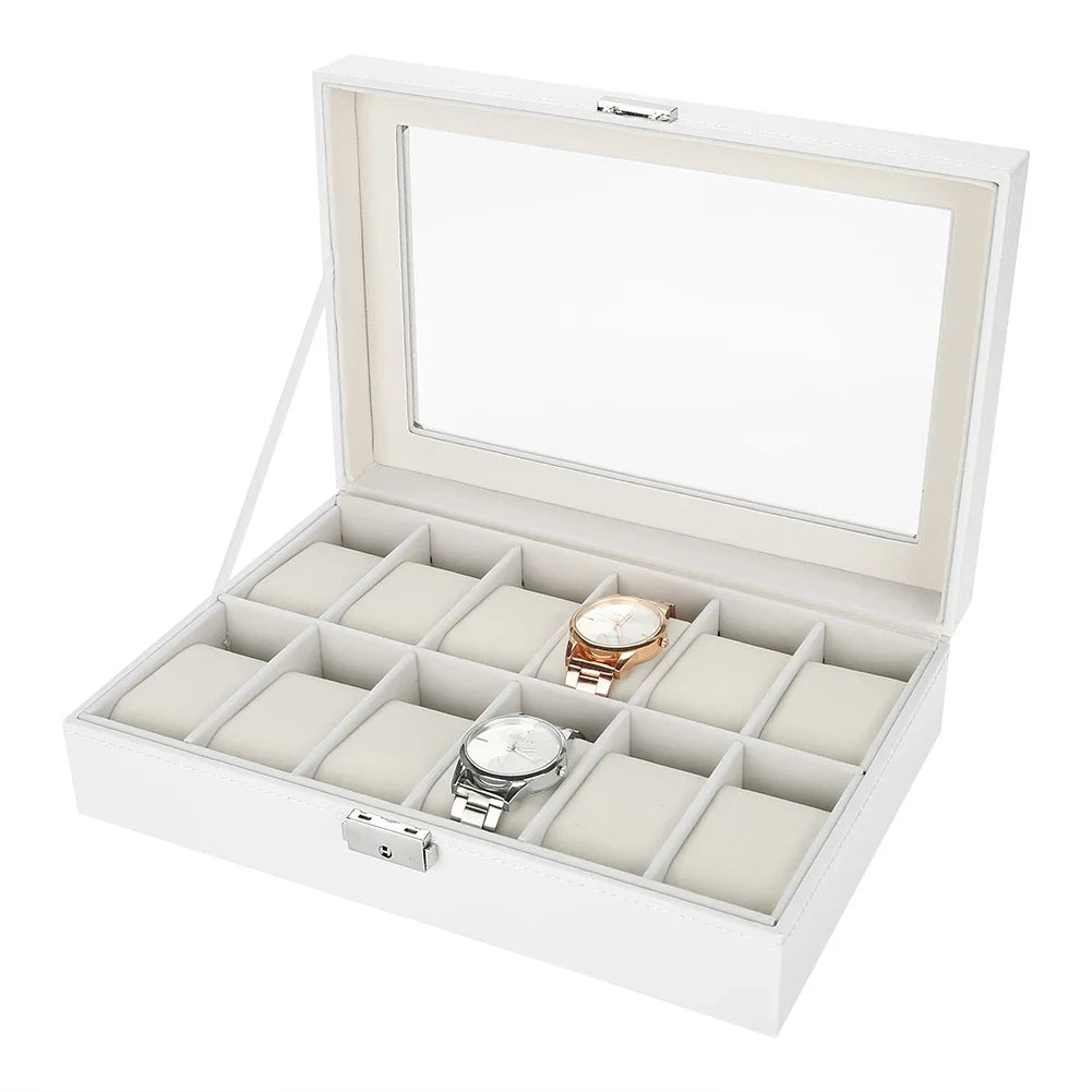 12-Grid PU Leather Watch Display Case & Jewelry Organizer Box Watch Display Case Qme