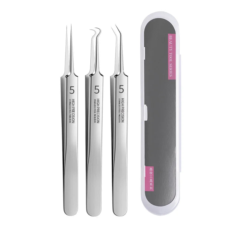 Precision Stainless Steel Blackhead & Pore Cleansing Tweezers Facial Skincare Tool Qme 3pcs clips with box