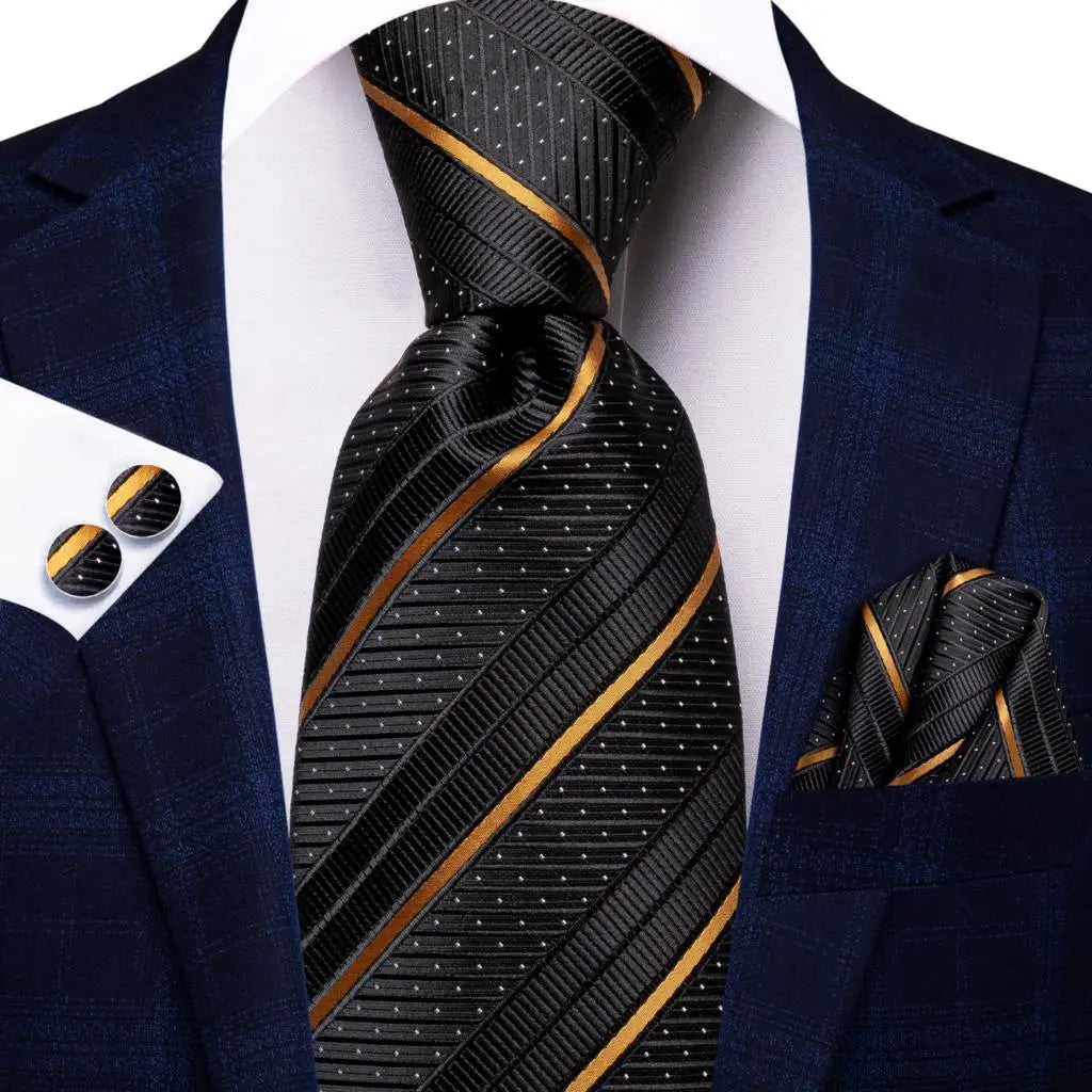 Hi-Tie 100% Silk Black Gold Jacquard Wedding Necktie Set Silk Necktie Set Qme SN-3473
