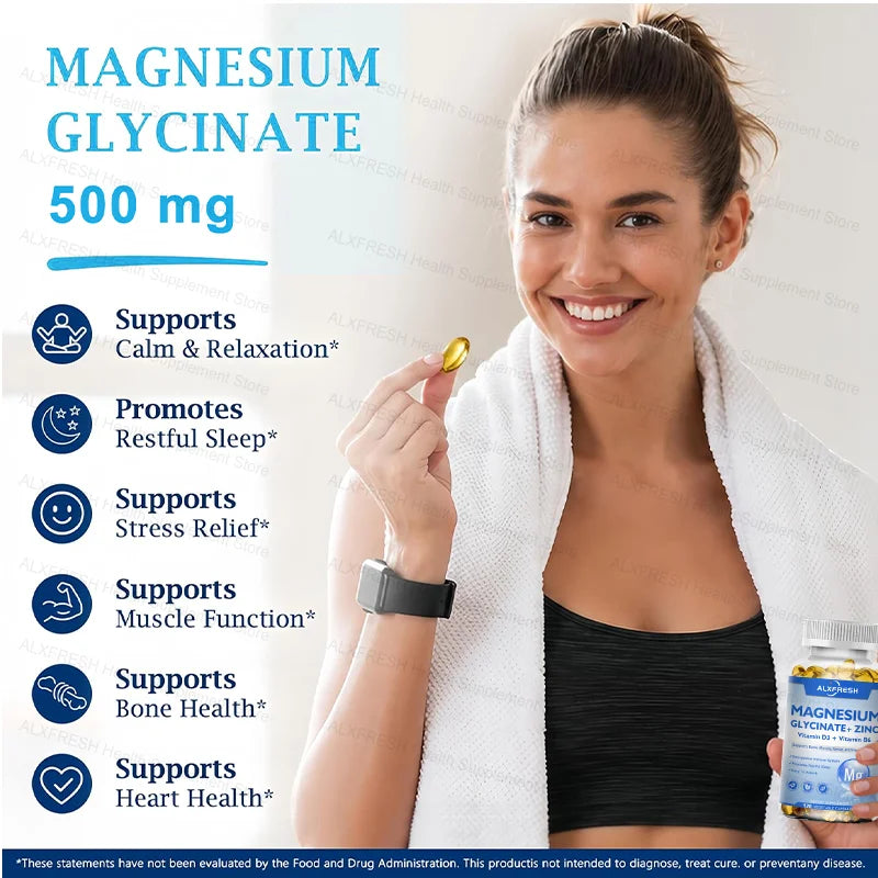 Magnesium Glycinate 500mg with D3, B6 & Zinc | ALXFRESH Magnesium Supplement Qst