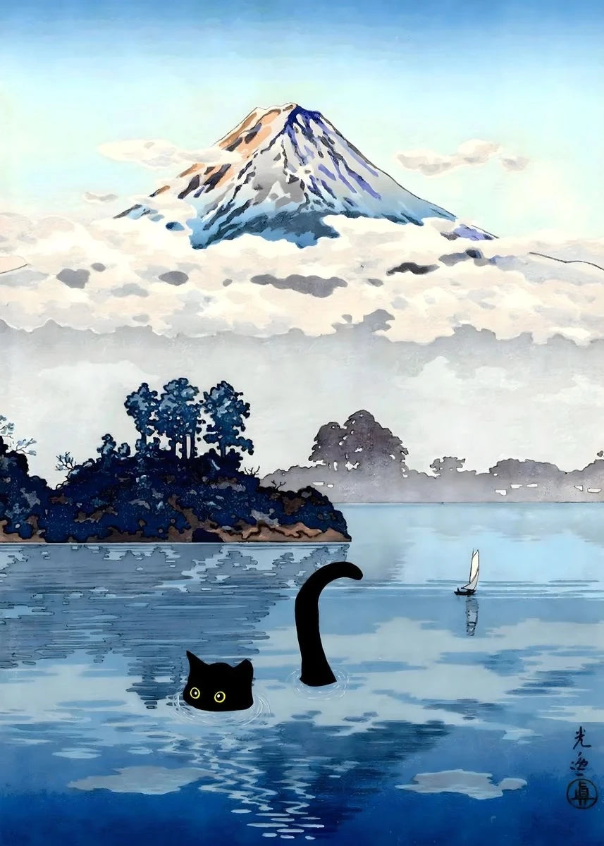 Vintage Black Cat Japanese Forest Canvas Wall Art Print Poster Canvas Wall Art Qst E 50X70cm No Framed