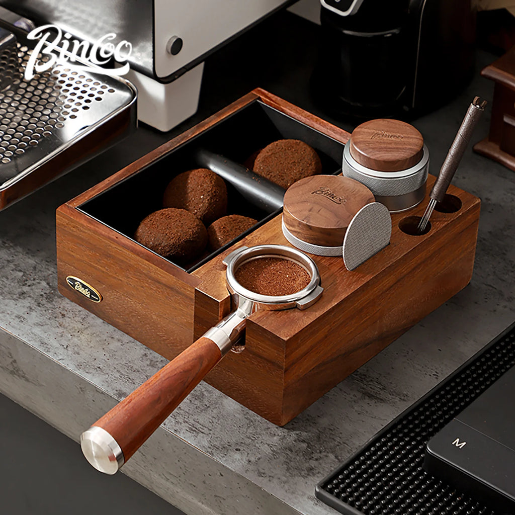 Walnut Espresso Knock Box & Tamping Station 51/58mm | Bincoo Espresso Tamping Station Qst