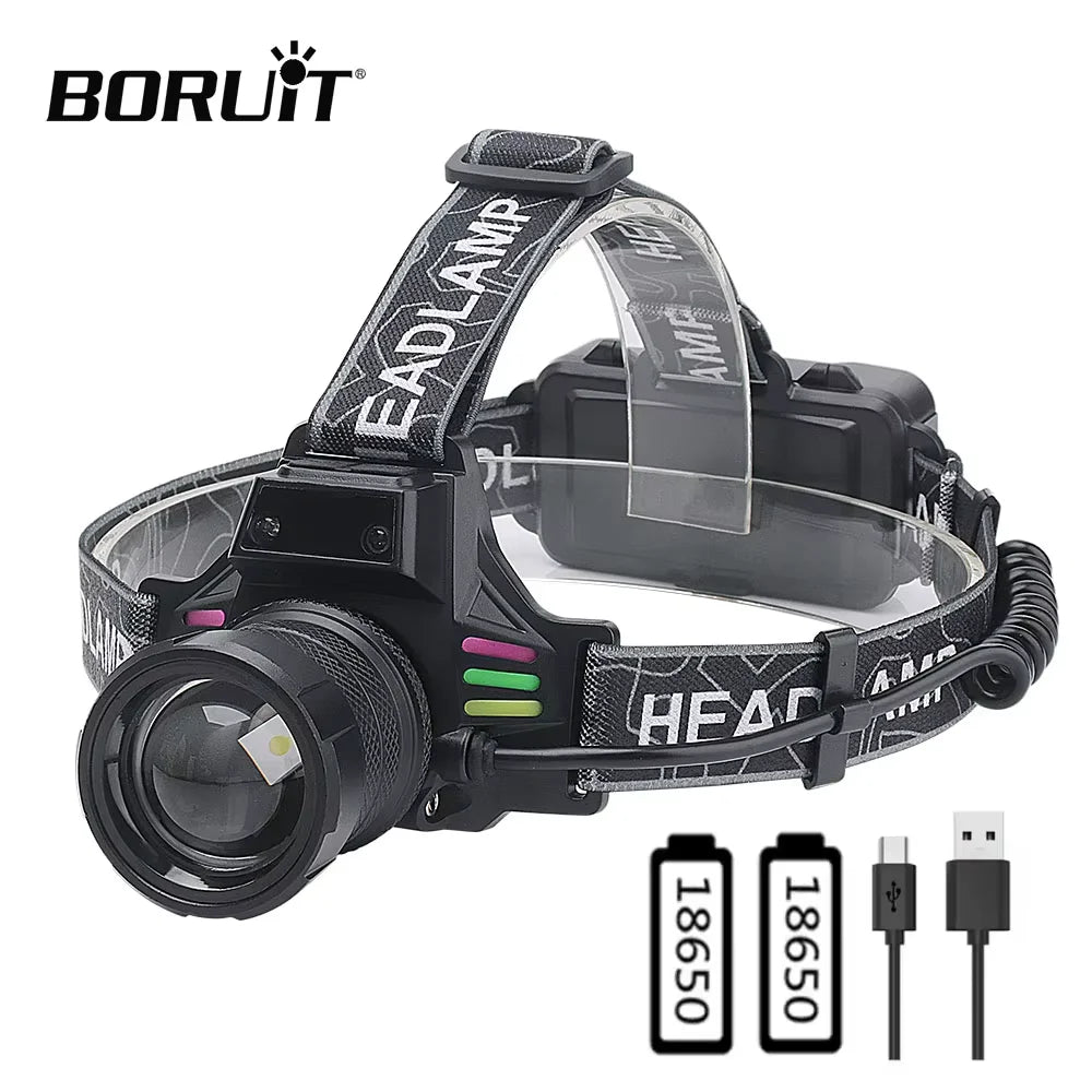 BORUiT 30W Zoomable LED Headlamp | Motion Sensor, Type-C LED Headlamp Qst With battery