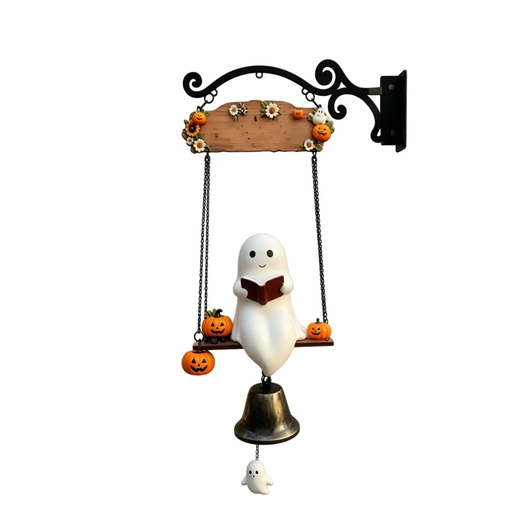 Halloween Ghost Doorbell Ornament – Vintage Resin Hanging Bell Halloween Door Ornament Qme