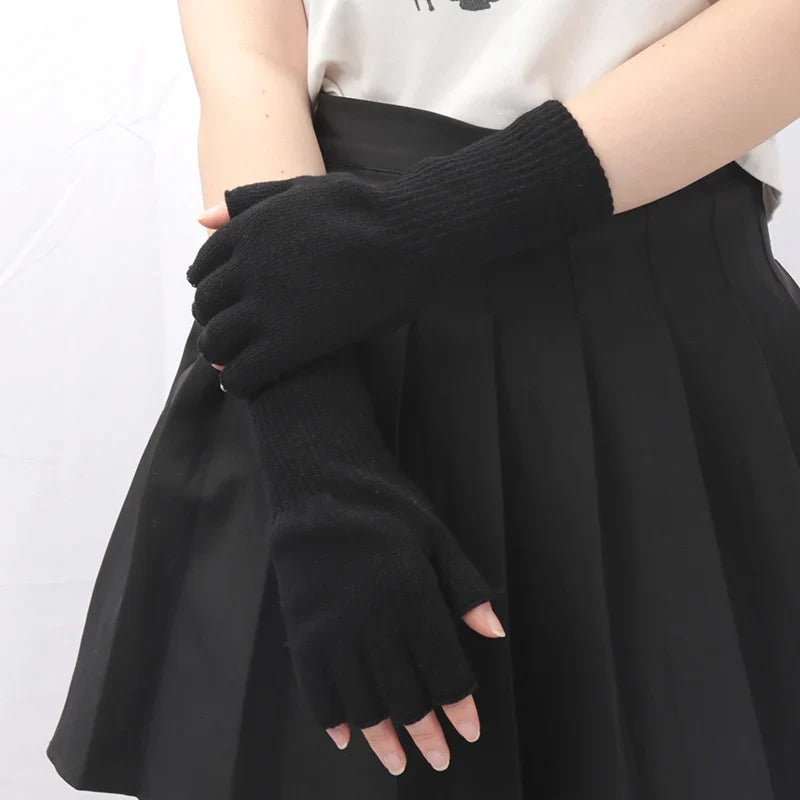 Long Fingerless Knitted Gloves – Black Unisex Arm Warmers Fingerless Arm Warmers Qme